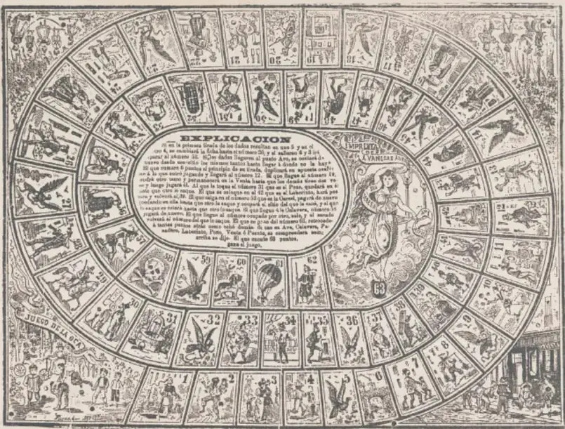 Grabado del tablero del 'Juego de la oca' en forma de espiral ovalada, con casillas numeradas ilustradas y un óvalo central con el texto 'Explicación'.