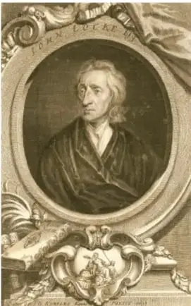 Retrato grabado de un pensador ilustrado, probablemente John Locke, dentro de un marco ovalado decorado.