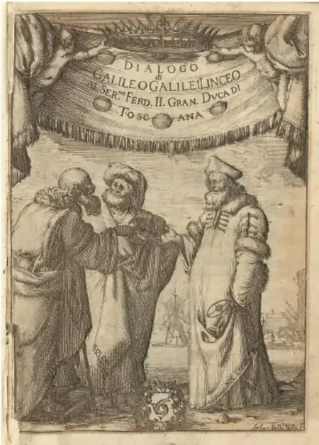 Grabado antiguo, portada del 'Dialogo di Galileo Galilei Linceo' (Diálogo de Galileo Galilei Linceo, dedicado a Fernando II, gran duque de Toscana), con tres figuras sabias conversando; grabado del siglo XVII.