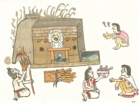 Escena de un temazcal o baño de vapor con personas realizando actividades de limpieza y cuidado del cuerpo.