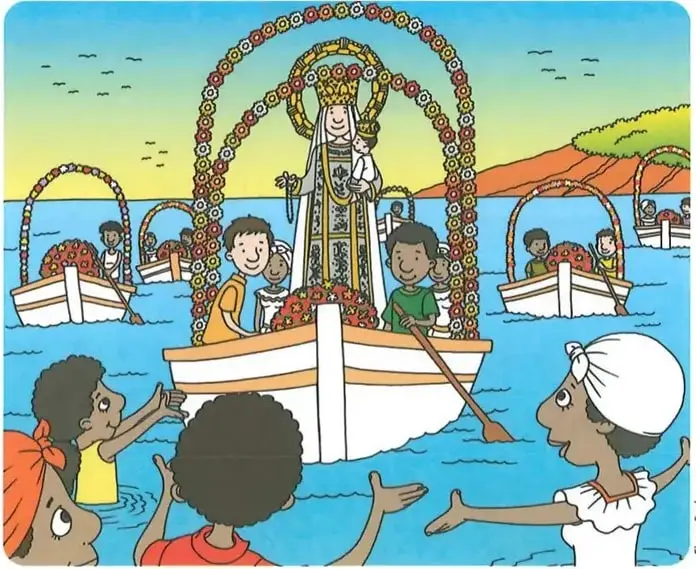 Ilustración de una procesión marítima en canoas adornadas, con la Virgen del Carmen y personas celebrando en el mar.