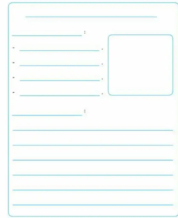 Plantilla en blanco para escribir la receta, con líneas para el título, ingredientes (con guiones) y un recuadro para el dibujo.