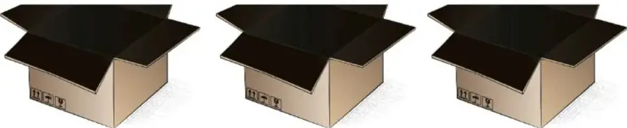 Tres cajas de cartón abiertas con el interior pintado de negro.