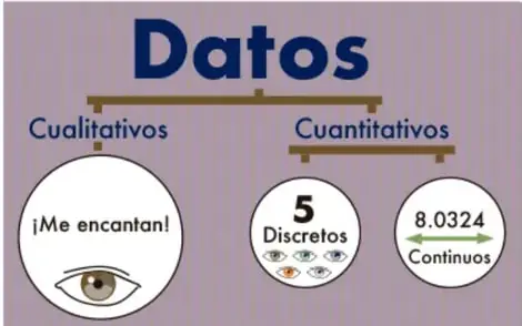 Esquema 'Datos' dividido en Cualitativos (círculo con ojo: '¡Me encantan!') y Cuantitativos (Discretos: 5; Continuos: 8.0324).