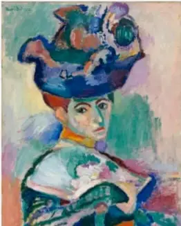 Retrato fauvista de una mujer con sombrero de colores intensos y vibrantes