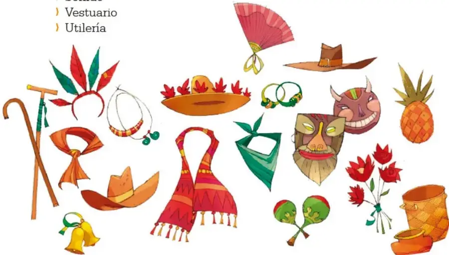 Ilustración con objetos de utilería y vestuario teatral: abanico rosa, sombrero, máscaras, flores, canasta, mazorca, sandías, bastón, listones, entre otros.