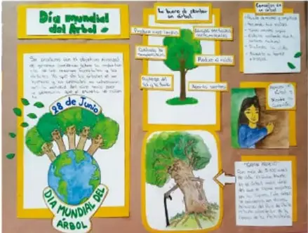 Fotografía de un periódico mural escolar sobre el Día Mundial del Árbol (28 de junio) con dibujos, recortes y textos. Crédito: Mariana Guzmán García, Estado de México.