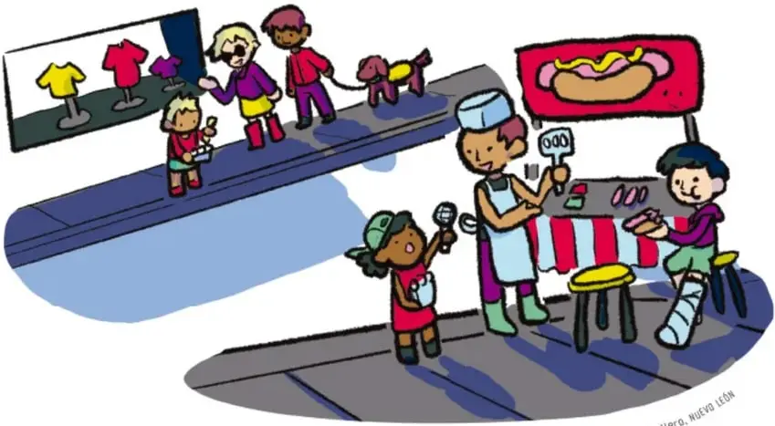 Ilustración de una calle comunitaria: niños caminando junto a una vitrina de ropa con maniquíes, un niño paseando un perro, un puesto de comida con toldo a rayas donde un vendedor atiende a clientes, una niña hablando con el vendedor y una persona en un taburete. Crédito de la ilustración: Damián Caballero, Nuevo León.
