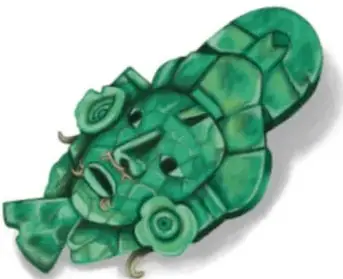 Máscara prehispánica de jade color verde con rostro tallado, crédito a Angélica Guadalupe Mendía Martínez, Baja California Sur.