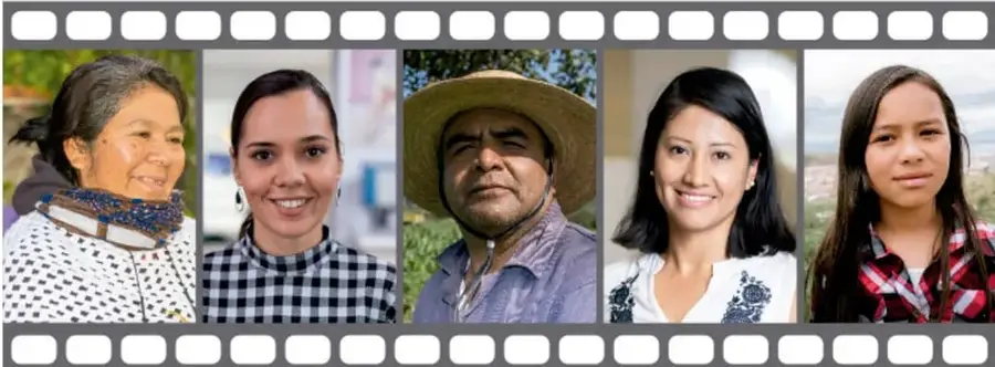 Tira de película con cinco retratos de personas de distintas edades y comunidades.