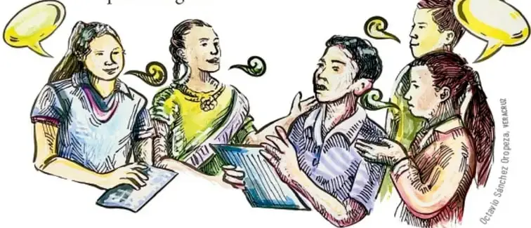 Ilustración de cinco estudiantes sentados en círculo dialogando en asamblea, con globos de diálogo y bocetos de historietas en las manos.