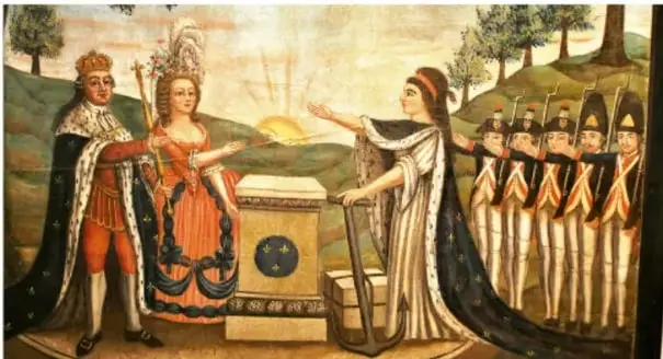 Pintura alegórica que representa a un rey y una reina junto a una figura femenina que sostiene una balanza y una espada, símbolos de la justicia, ante un grupo de soldados. Representa el tránsito del absolutismo a un nuevo orden.