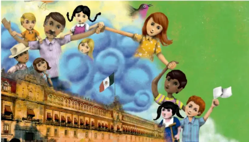 Ilustración de niñas y niños tomando de las manos a un adulto frente a un edificio de gobierno con la bandera de México; representa la unión comunitaria y la democracia.