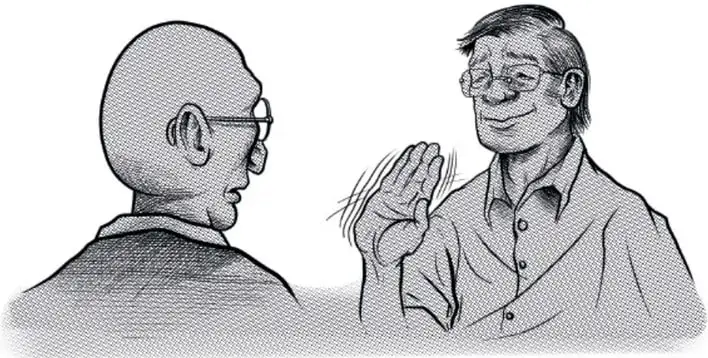 Ilustración de dos hombres conversando; uno calvo con lentes y otro con lentes y gesto expresivo.