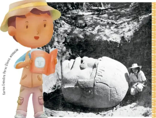 Fotografía en blanco y negro de una cabeza colosal recién desenterrada entre la selva, con un arqueólogo de sombrero agachado a su lado; junto a ella está la ilustración de Leonardo, el niño explorador leyendo una guía (crédito: Karina Eréndira Pérez Dimas).