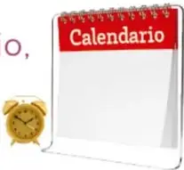 Ícono de un calendario de espiral rojo con la palabra 'Calendario' y un reloj despertador amarillo, junto a la actividad propuesta.