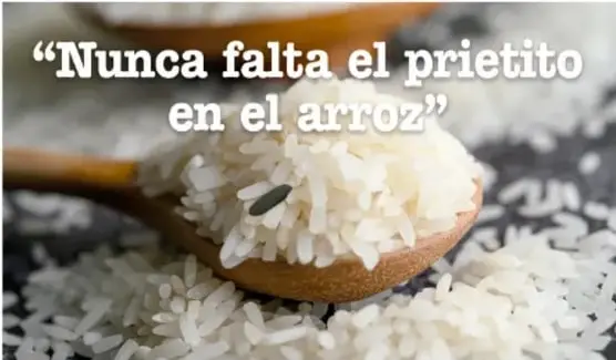 Fotografía de una cuchara de madera con arroz blanco en la que se aprecia un grano oscuro; texto superpuesto: "Nunca falta el prietito en el arroz". Ilustra el uso cotidiano de términos peyorativos y estereotipos racializados.