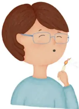 Ilustración de la misma persona soplando una vela a la altura de la boca (exhalación).