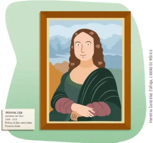 Reproducción ilustrada de la Monna Lisa enmarcada, con su pequeña ficha técnica al pie.