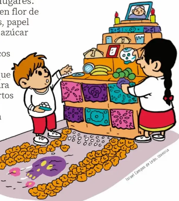 Ilustración de dos niños frente a una ofrenda escalonada de Día de Muertos con papel picado, calaveritas, retratos, veladoras, pan y flores de cempasúchil en el suelo. Ilustración de Israel Campos de León.