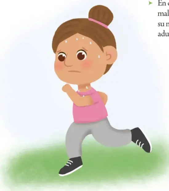 Ilustración de una niña trotando, con expresión de cansancio y gotas de sudor.