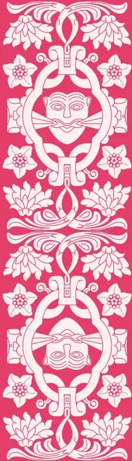 Banda decorativa vertical en color magenta con motivos florales simétricos y máscaras antropomorfas de estilo prehispánico (arte mexicano tradicional), en blanco.