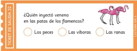 Ticket de salida 22 con la pregunta sobre quién inyectó veneno en las patas de los flamencos y tres alternativas con dibujos de flamencos rosados.