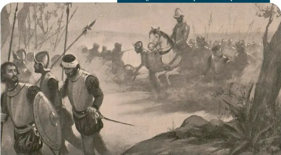 Litografía de los conquistadores españoles: soldados con armaduras, lanzas y caballos en un paisaje selvático.