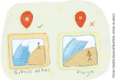 Ilustración de dos mapas: uno con un pin rojo y una marca de verificación junto a 'Sitios altos', y otro con un pin rojo y una equis junto a 'Playa'.