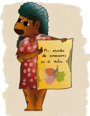 Ilustración de una niña sosteniendo un cartel que dice "Mi mundo de emociones en el aula", con dibujos de caritas emocionales. Autor: Luis Fernando Sotelo Gaspar, Querétaro.