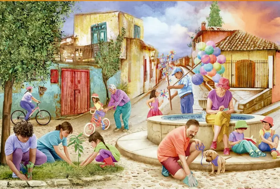 Ilustración a color de una plaza empedrada de un pueblo o barrio: niños y niñas sembrando plantas, una niña en bicicleta, una mujer con un niño en bici, un vendedor de globos y artesanías, una persona sentada en el borde de una fuente tejiendo, dos niños leyendo, un hombre amarrando a un perrito, casas coloridas con balcones y cielo con nubes. Firmada por Kathia Recio, Ciudad de México.