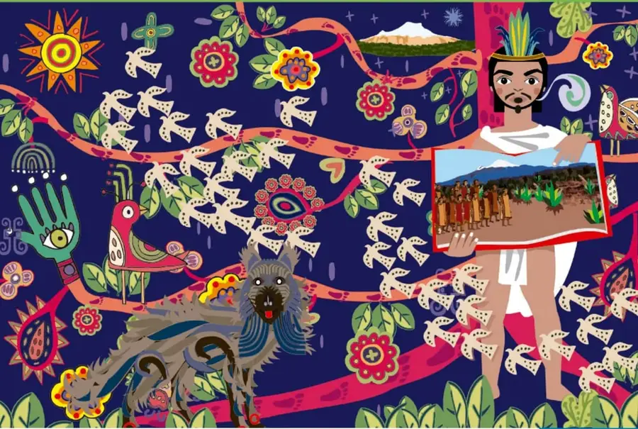 Ilustración de arte popular mexicano con un personaje con penacho que sostiene un cuadro con una escena comunitaria; alrededor hay aves, flores, un perro xoloitzcuintle, una mano con un ojo y un sol.
