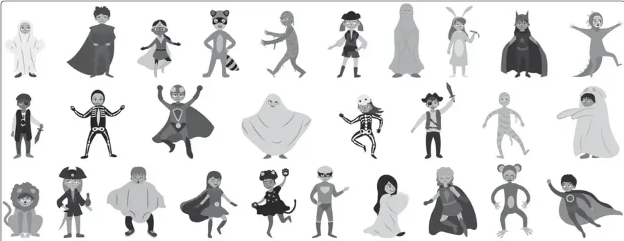 Veinte estudiantes disfrazados: momias, piratas, calaveritas, animales, superhéroes y fantasmas.