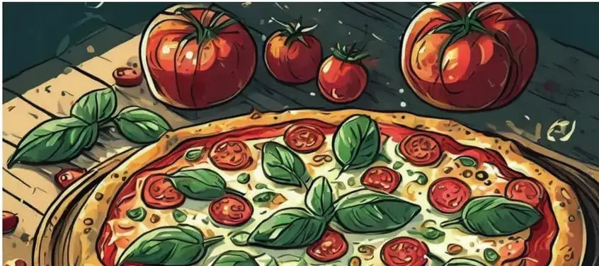 Ilustración de una pizza fresca con tomates rojos enteros, hojas y queso fundido.