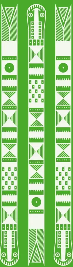 Ilustración vertical en blanco sobre fondo verde, con tres bastones o rejillas ornamentales de estilo indígena (motivos geométricos: triángulos, escalones, círculos, cruces y figuras antropomorfas con ojos y sonrisa en los extremos), probablemente derivados de arte textil o ceremonial mesoamericano.