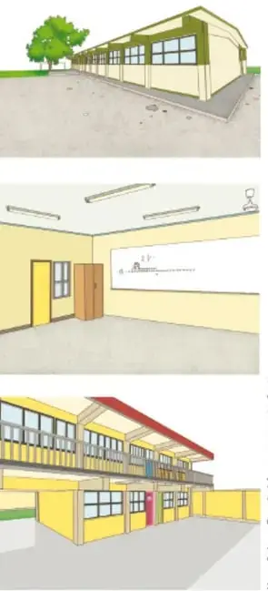 Ilustración del exterior de una escuela con techo a dos aguas y un árbol al costado.