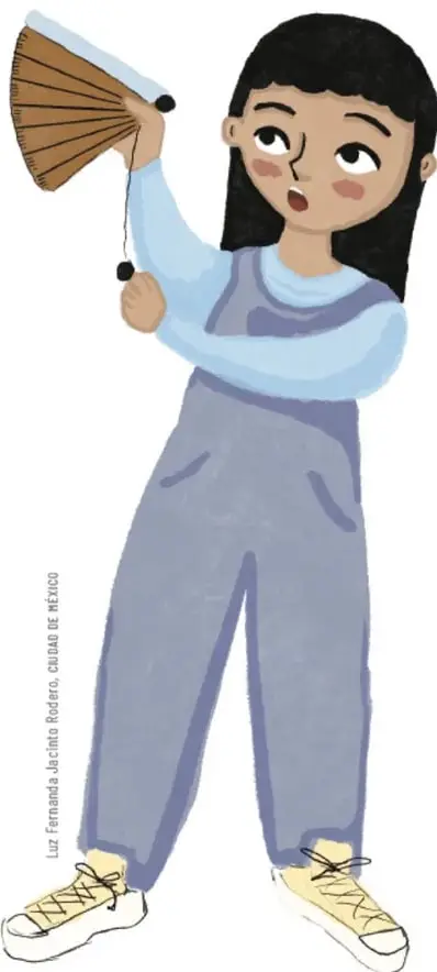 Ilustración de una niña sosteniendo un cuadrante construido con cartón y una plomada, observando el cielo.