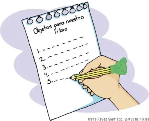 Mano con lápiz escribiendo la lista 'Objetos para nuestro libro' con renglones numerados del 1 al 5 en un cuaderno espiral. Crédito: Irene Reyes Santiago, ESTADO DE MÉXICO.