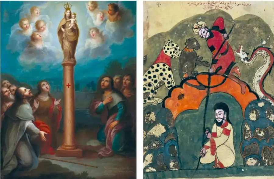 Pintura devocional: una estatua de la Virgen con el Niño sobre una columna, rodeada de ángeles en las nubes y figuras orantes arrodilladas a los lados; representa arte religioso.