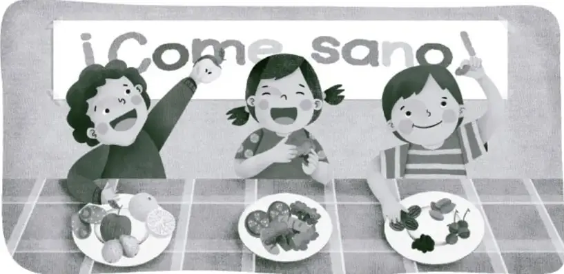 Ilustración de tres niños y niñas sentados a la mesa con el cartel "¡Come sano!"; en sus platos hay frutas y verduras. Crédito: Belén García Monroy, Cuauhtémoc, Ciudad de México.