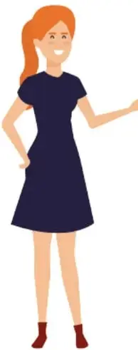 Ilustración de una mujer joven de cabello naranja con vestido azul, señalando con el brazo derecho hacia la tabla de caracteres sexuales secundarios.