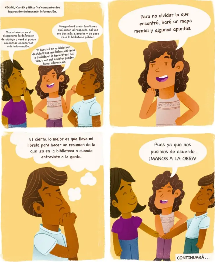 Tres niños dialogan sobre dónde buscar información: diccionario, internet, biblioteca y hemeroteca.