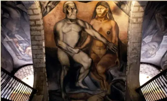 Mural de Orozco: Cortés y Malintzin desnudos y tensos, de pie, representando la unión/confrontación de dos mundos.