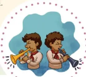 Ilustración de dos niños tocando instrumentos de viento, una trompeta y un clarinete, dentro de un círculo con puntos.