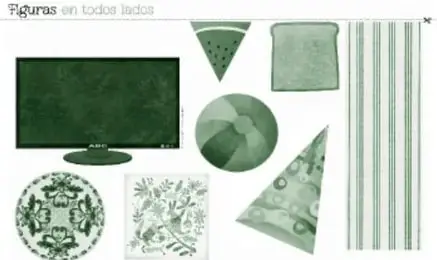 Tarjeta «Figuras en todos lados» con objetos cotidianos de forma geométrica: pantalla de televisor (rectángulo), rebanada de sandía (semicírculo/triángulo), pan (cuadrado), plato (círculo) y ventana con listones.