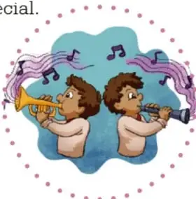 Ilustración de dos niños tocando la trompeta dentro de un círculo con notas musicales.