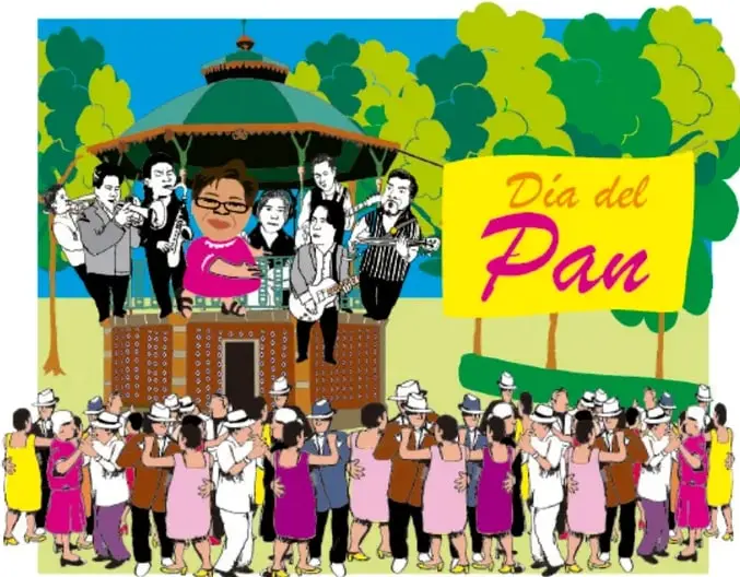 Ilustración de un festejo popular: kiosco con músicos, parejas bailando y un cartel amarillo que dice 'Día del Pan'. Crédito: Diego Gutiérrez Vega, Tlaxcala.