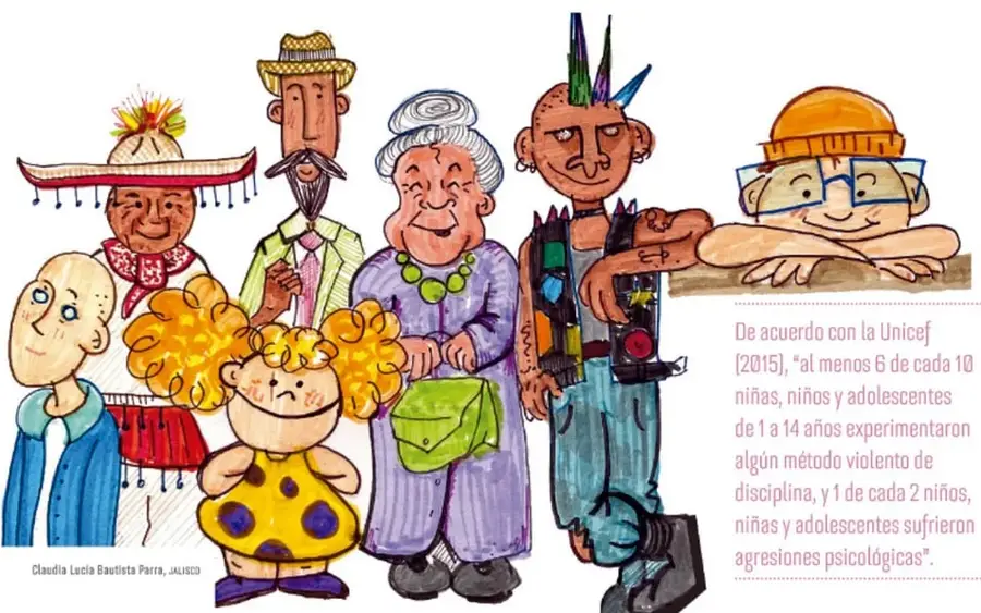 Ilustración de un grupo diverso de personas: una niña con cabello rizado y vestido amarillo con puntos, un niño con playera azul, una mujer con sombrero y vestimenta tradicional, un hombre con sombrero de paja y bigote, una adulta mayor con cabello blanco y bolso verde, un joven con cresta de colores y ropa rasgada, y un niño con casco naranja y lentes apoyado en una mesa.