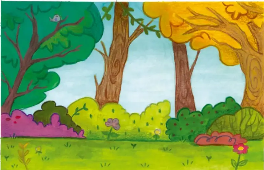 Ilustración de un paisaje de jardín con árboles, arbustos y flores, obra de Alheli Atenea Zamorano Caballero, Ciudad de México.