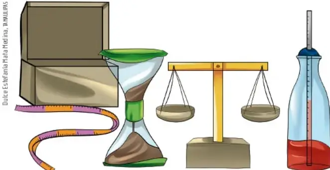 Ilustración de instrumentos de medición hechos con material de reuso: un maletín abierto, una cinta métrica enrollada, un reloj de arena, una balanza de platillos y un termómetro de alcohol.